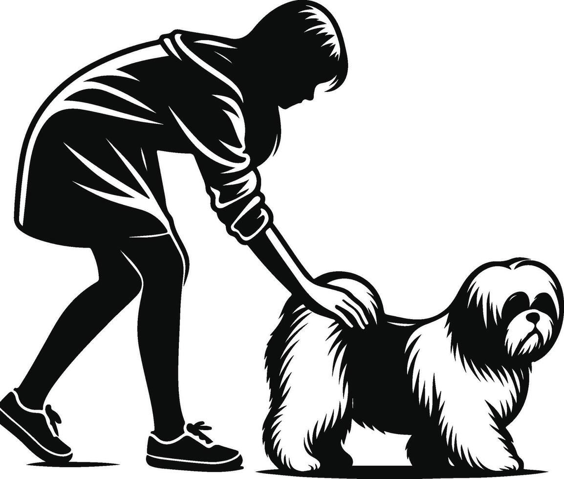 A woman is petting a dog in silhouette vector