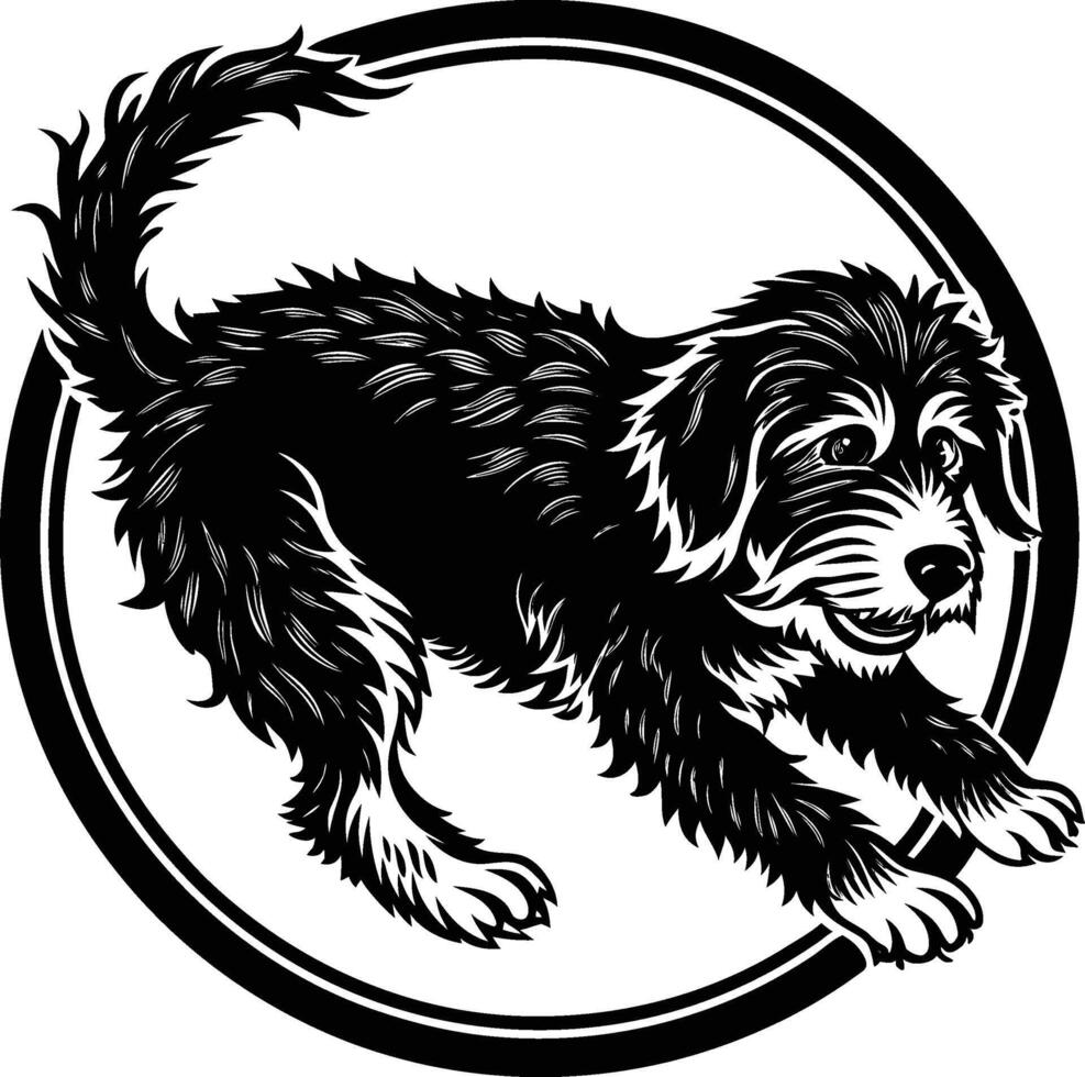 A black and white dog running in a circle vector
