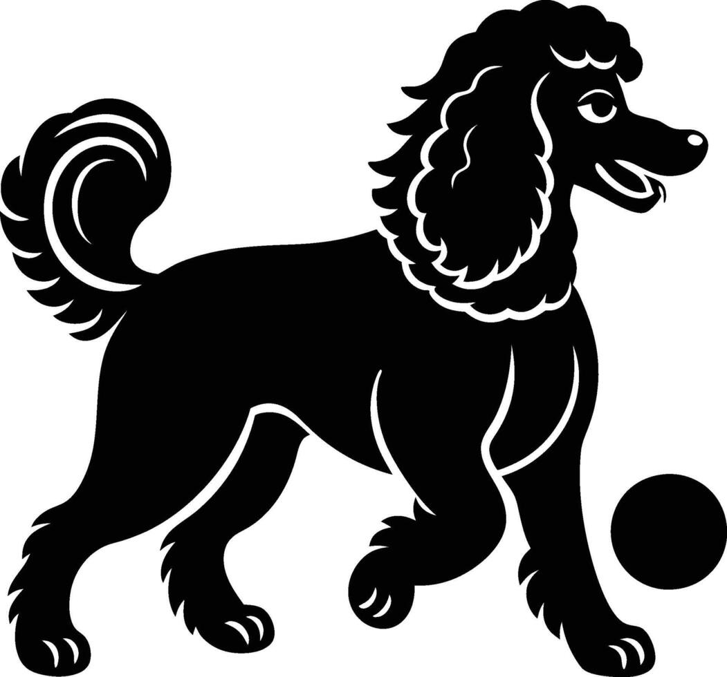 A black and white silhouette of a poodle with a ball vector