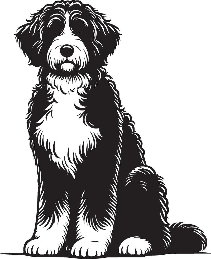 A black and white dog sitting on a white background vector