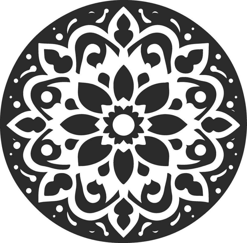 A black and white circular design with a flower vector