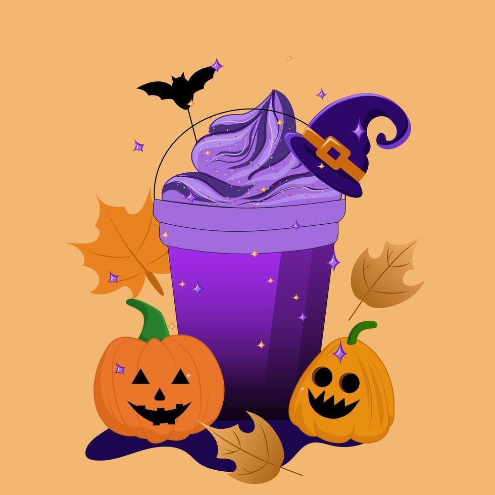 Halloween cup with pumpkin and lantern vector
