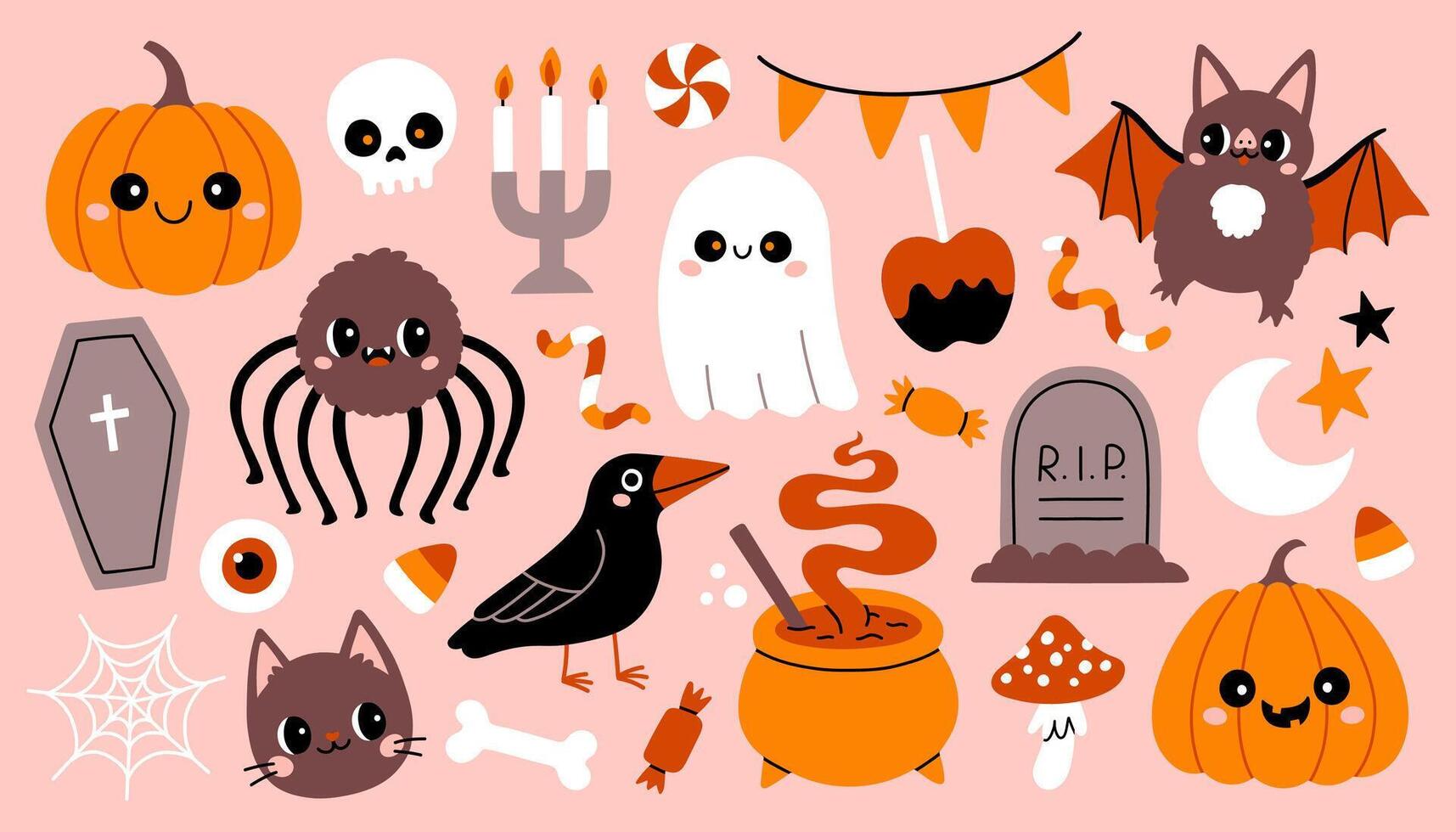 Cute Halloween element set on pink background. Ghost, skeleton, bat, pumpkin. For scrapbooking, card, sticker, poster vector
