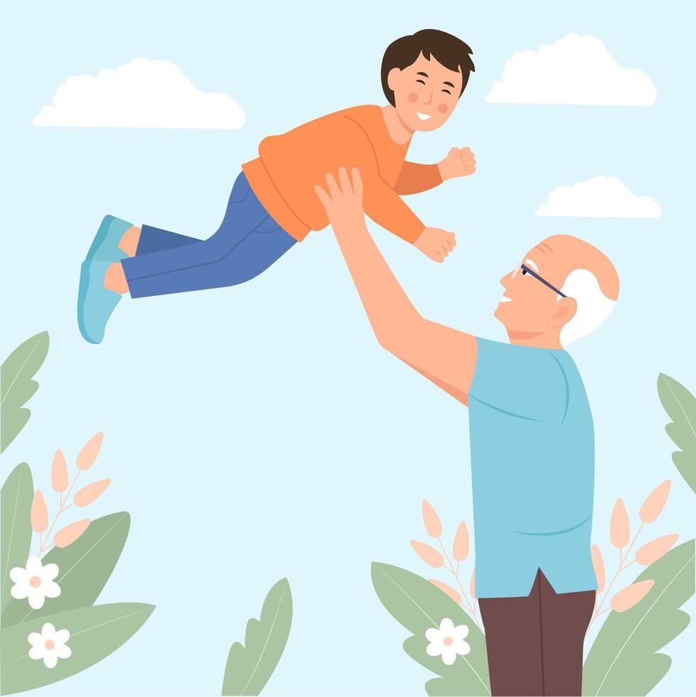 Grandpa meeting with grandson. Happy smiling characters spending time together. Grandfather with grandchild. vector
