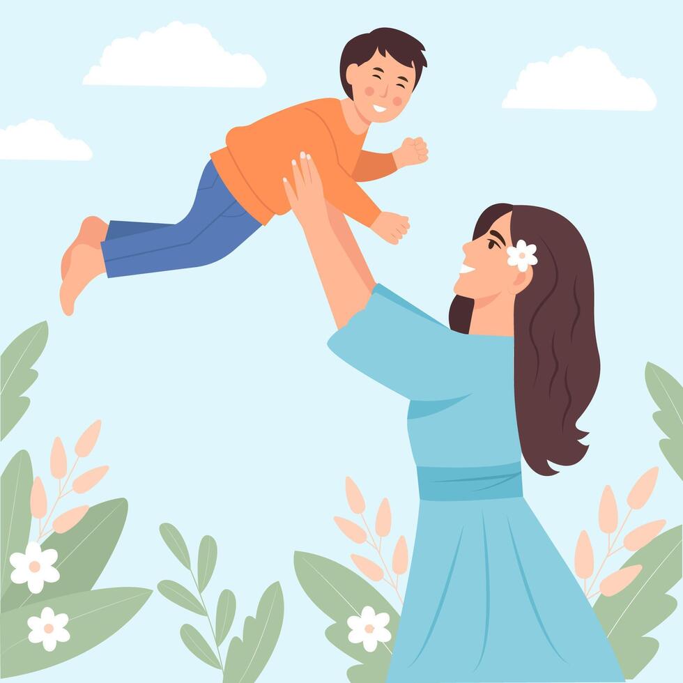 Happy Young Mother having fun with her son. Mum lifting kid up.Mother's Day Illustration vector