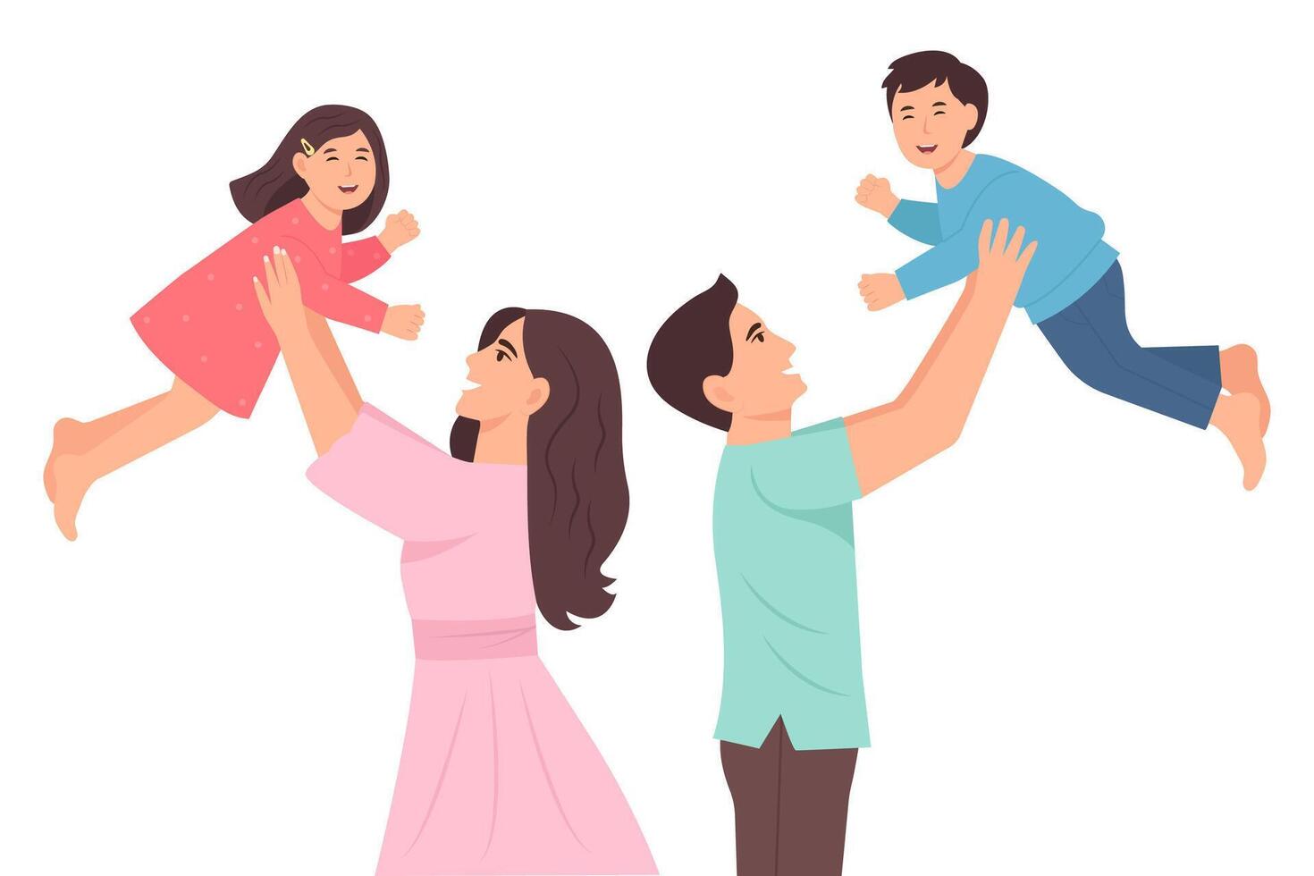 Smiling Mother and Father lifting up their kids.Happy family spending time together. vector