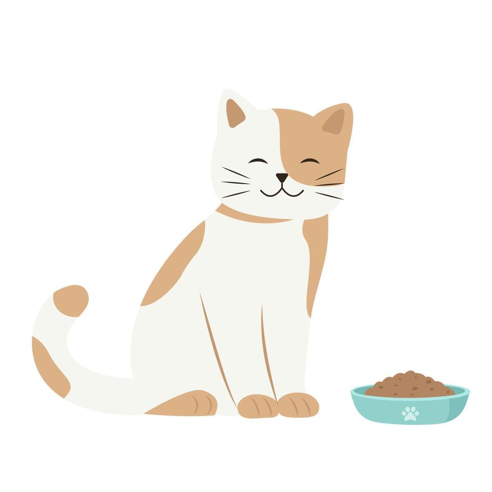 Cute cat sitting near a bowl of food.Feeding pet with kibble or wet food. vector