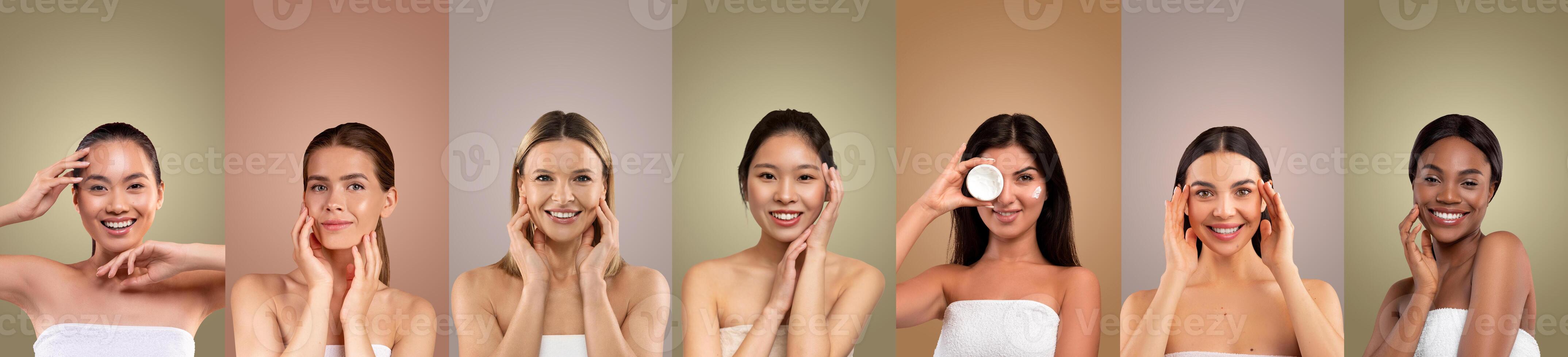 Seven multiethnic women are shown in a studio setting. Each woman is smiling and holding a skin care product, with their hands touching their face. photo