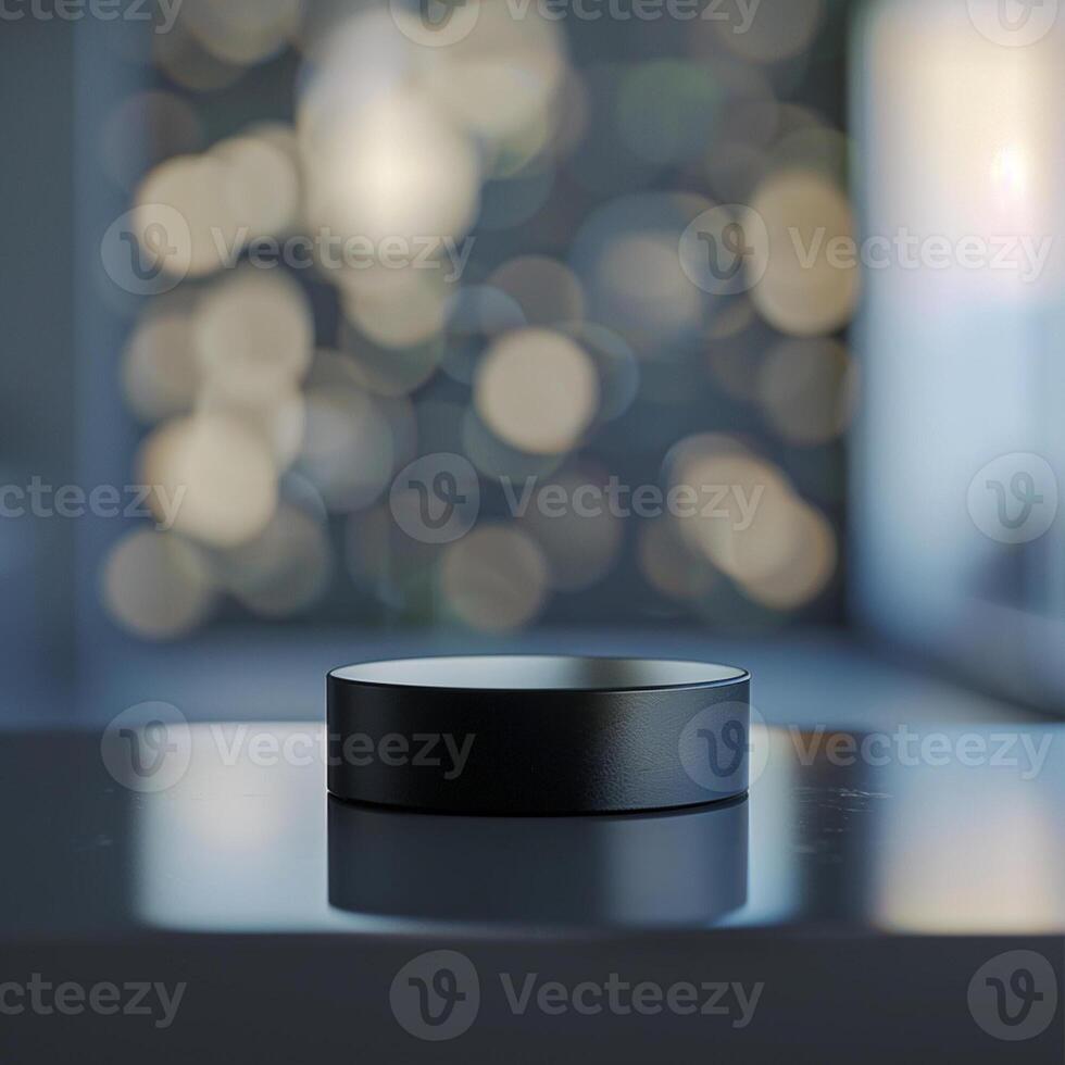 A black object sitting on a table in front of a window photo
