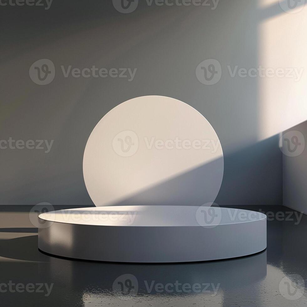A white round podium in a room with a window photo