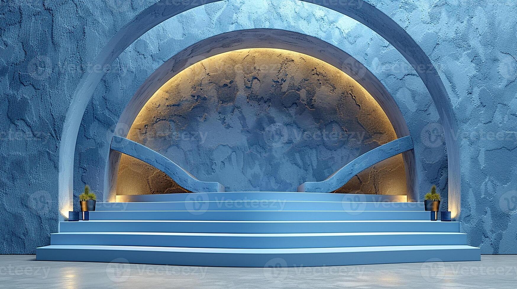A blue stage with a large archway and stairs photo
