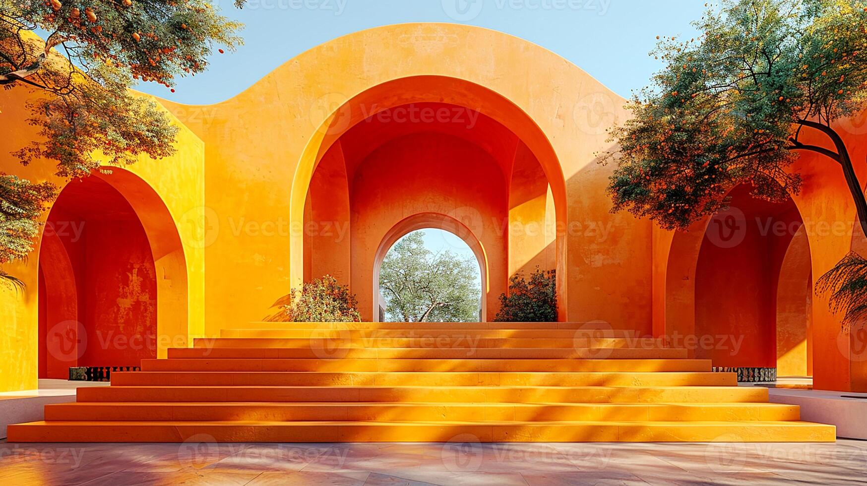A large orange building with steps and trees photo