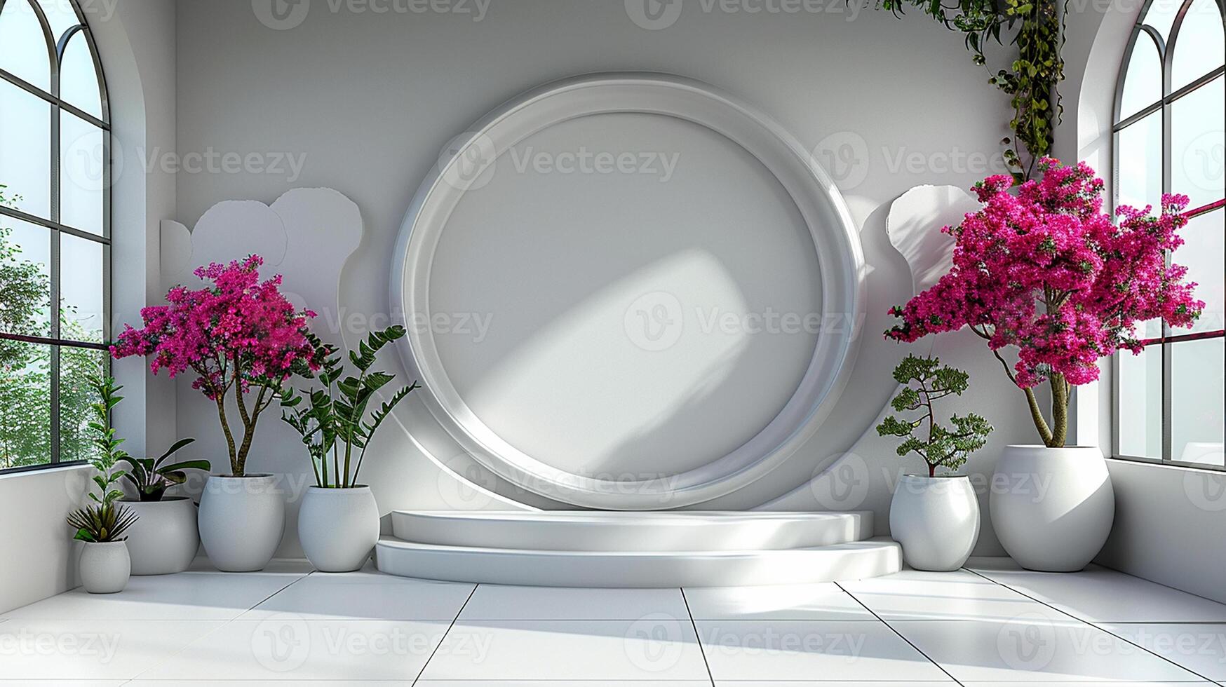 A white room with a large round window and flowers in vases photo