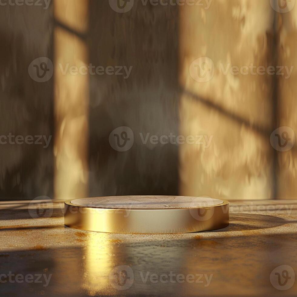 A golden round table on a wooden surface photo