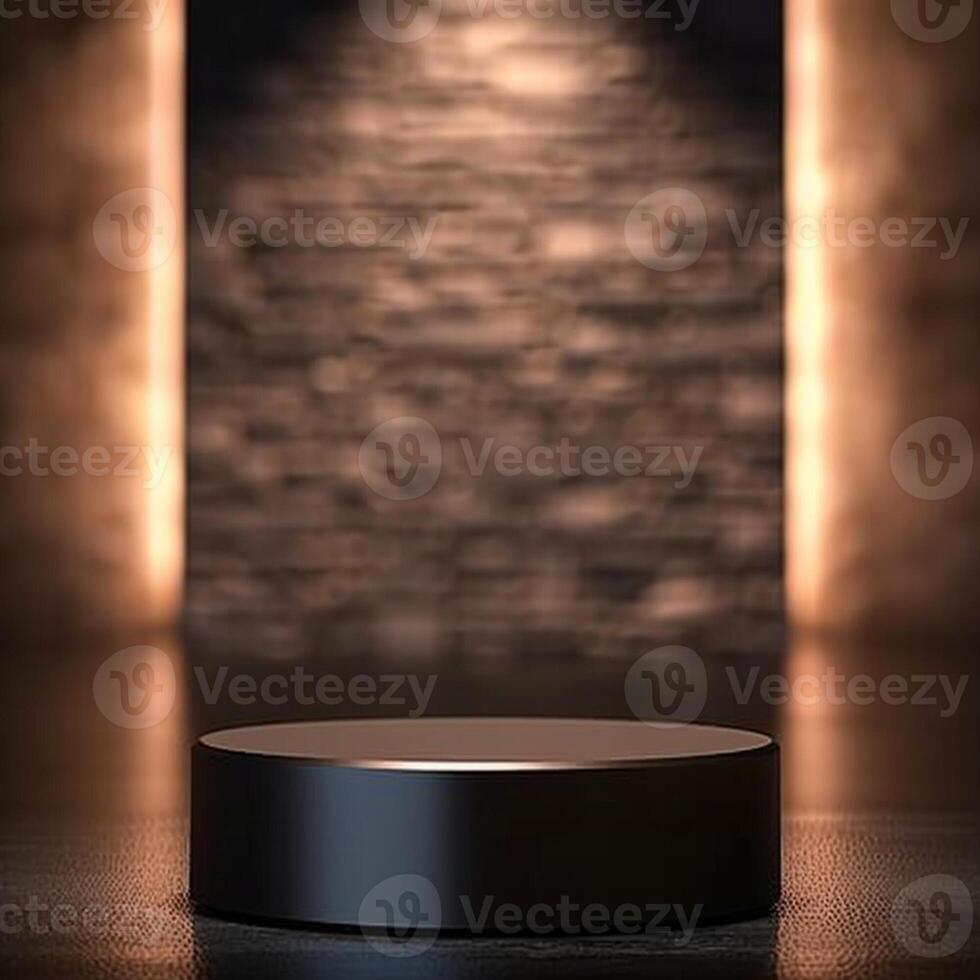 An empty black pedestal on a wooden floor photo