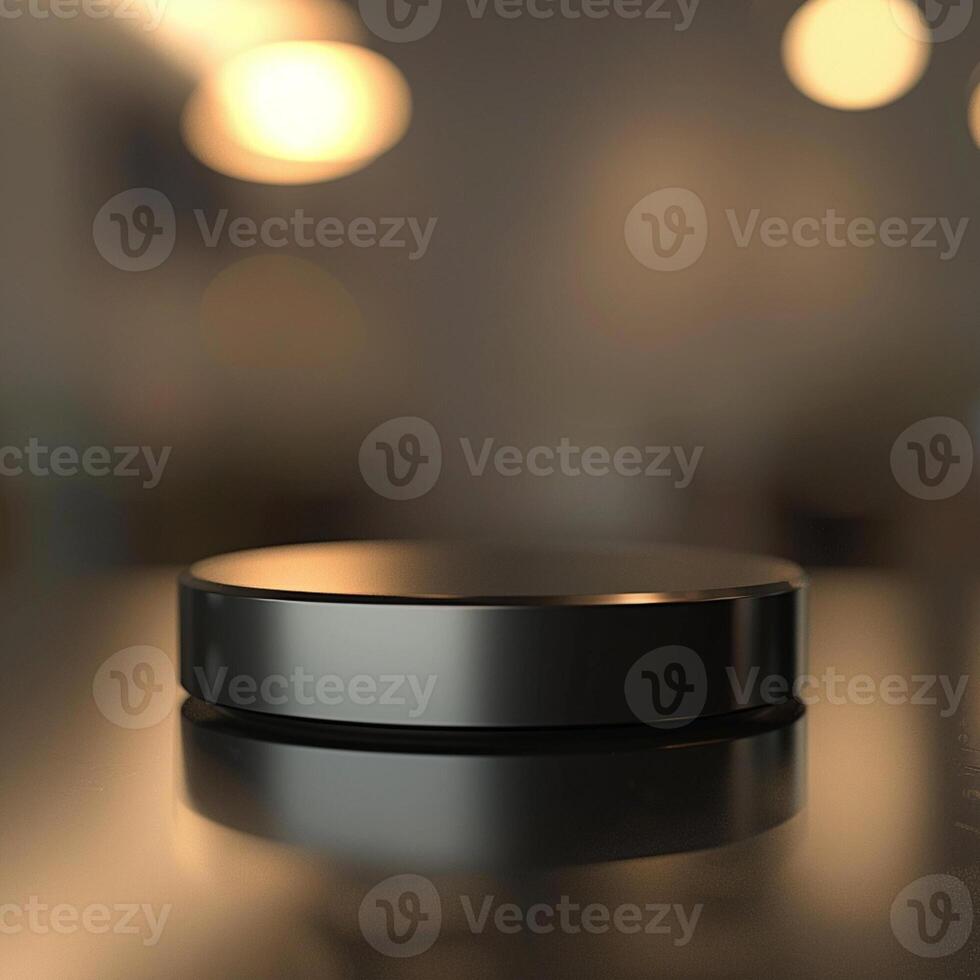 A black object sitting on a table in front of a blurry background photo