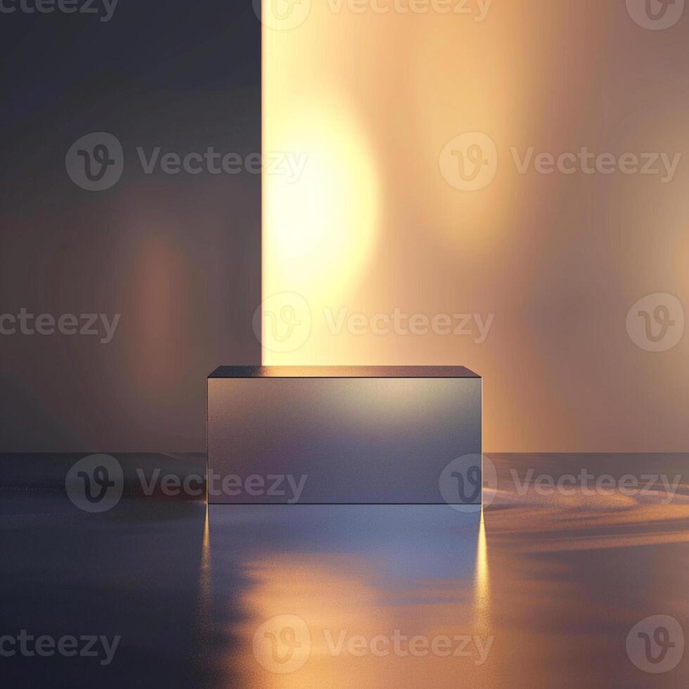 A white box sitting on a table in front of a wall photo