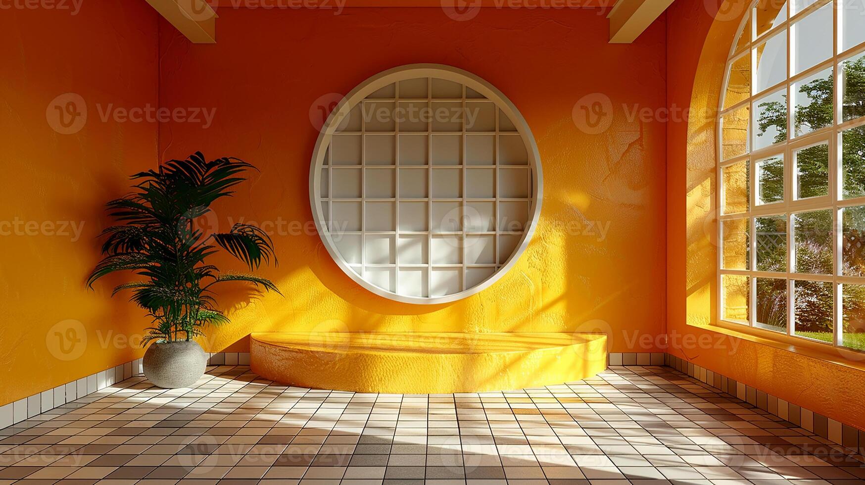 A room with a large window and a large round mirror photo