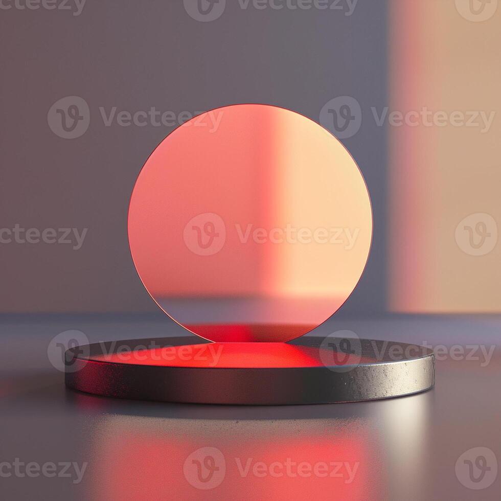 A red ball on a stand in front of a window photo