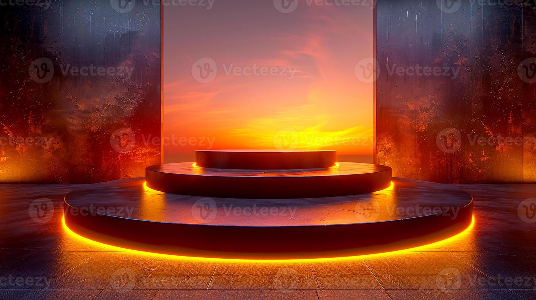 A stage with a bright orange light shining on it photo