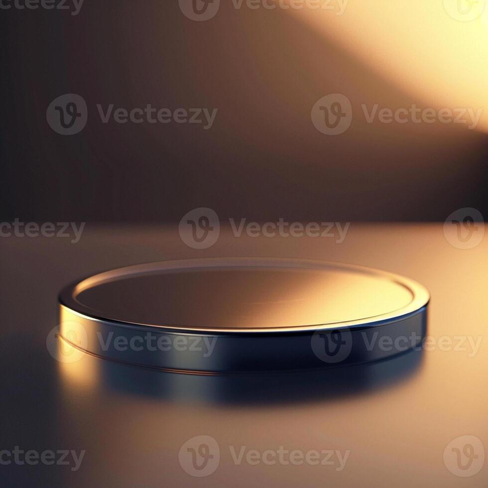 A round metal container on a table with a light shining on it photo