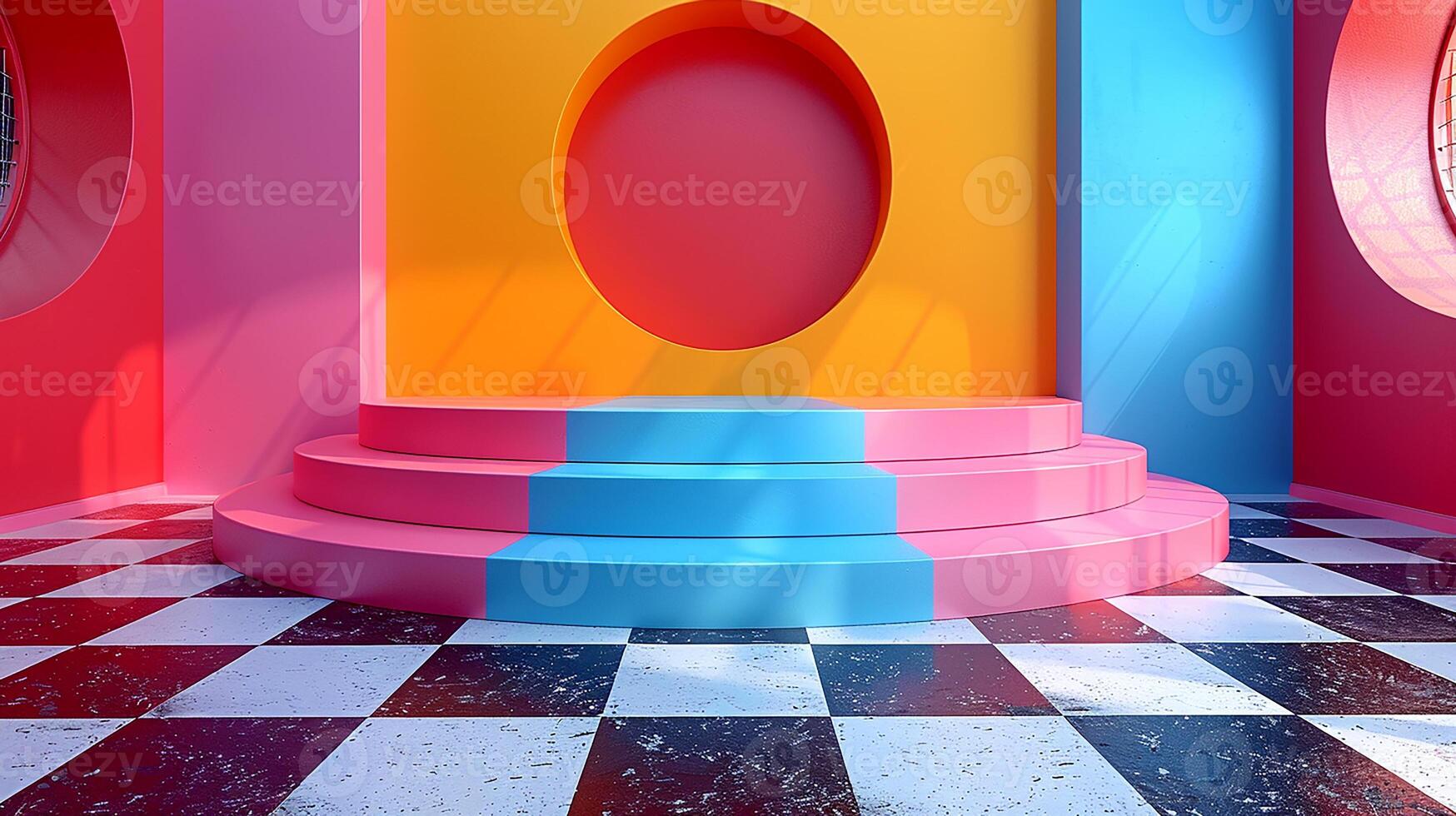 A colorful room with a checkered floor and a round window photo