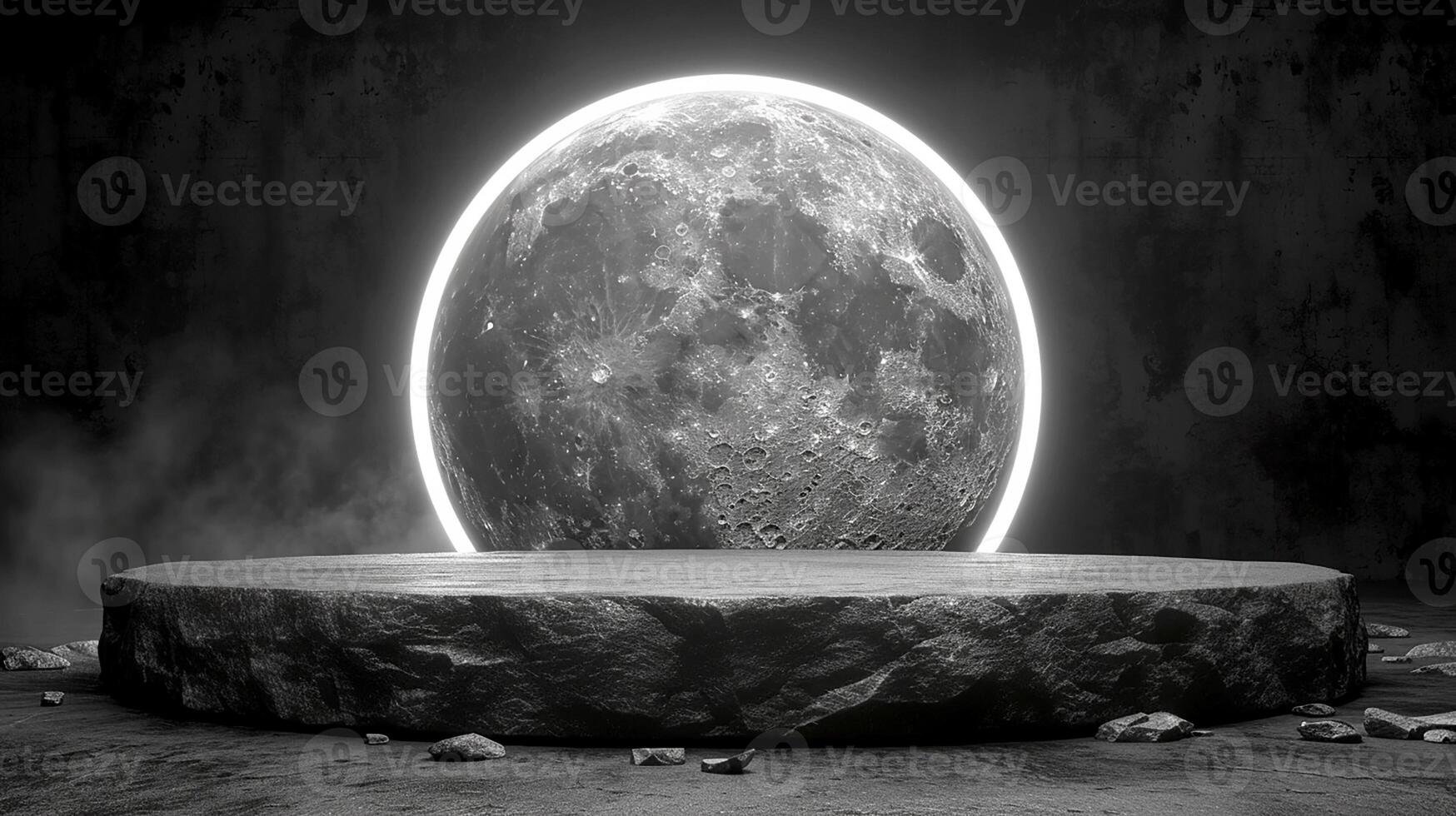 A black and white photo of a moon with a light shining on it