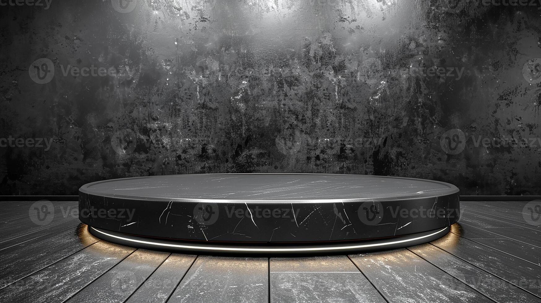 Black round table with light on it in a dark room photo