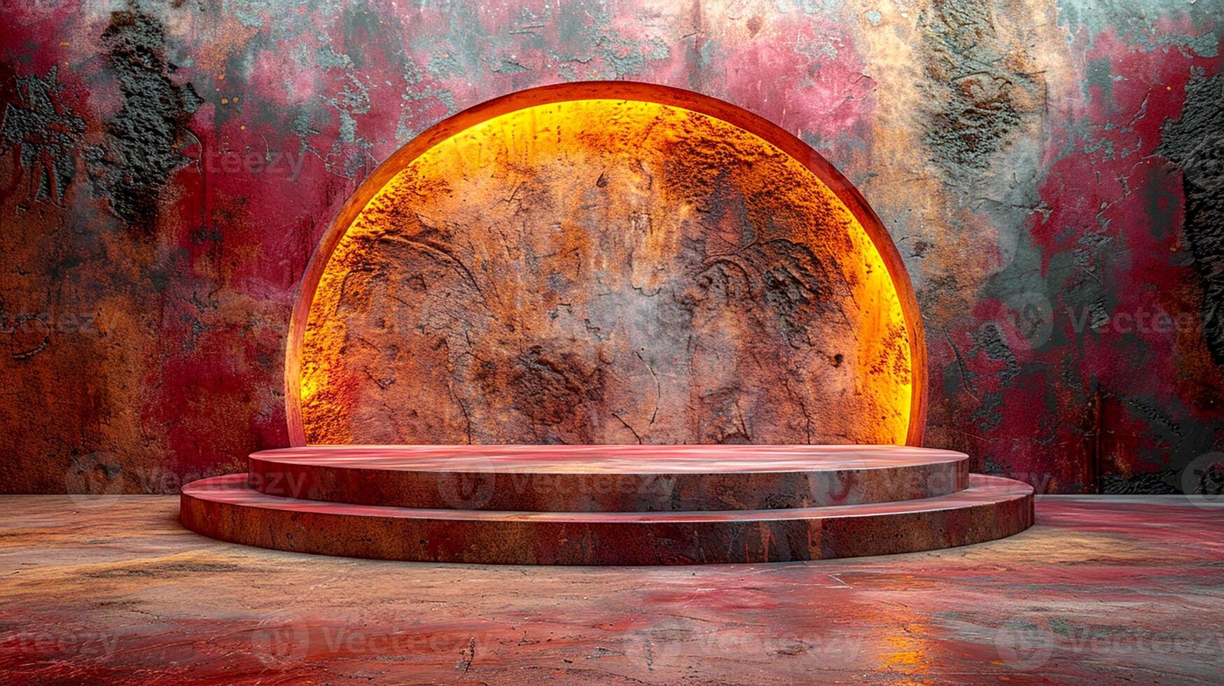 A stage with a red wall and a light coming from it photo