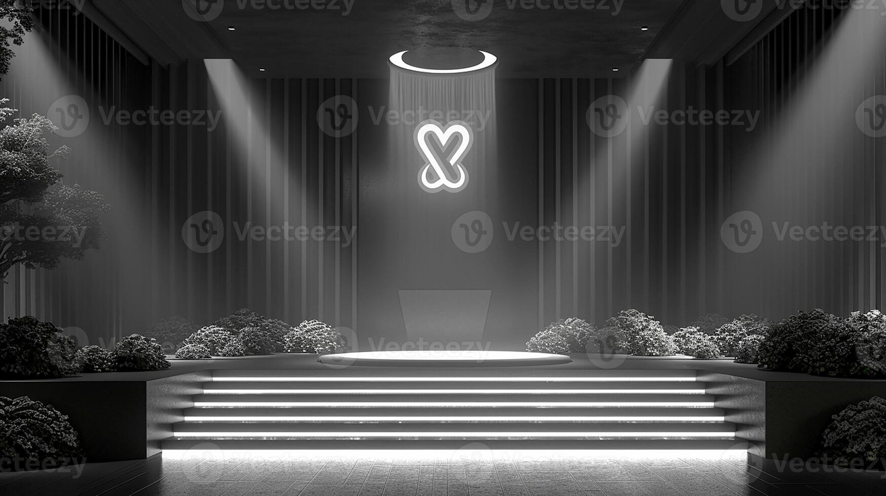 A black and white photo of a church with a light shining on it