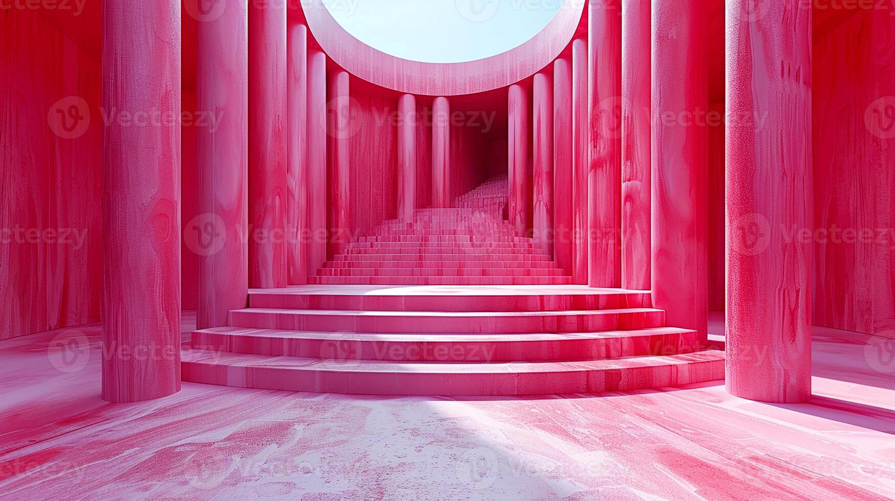 A pink room with stairs and a circular staircase photo