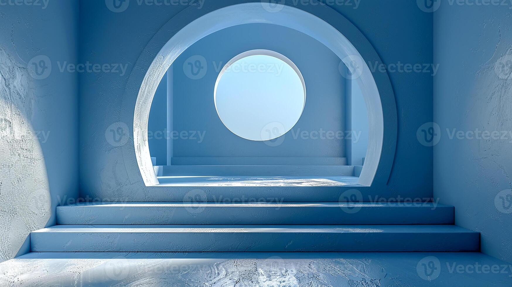 A blue room with a circular window and stairs photo