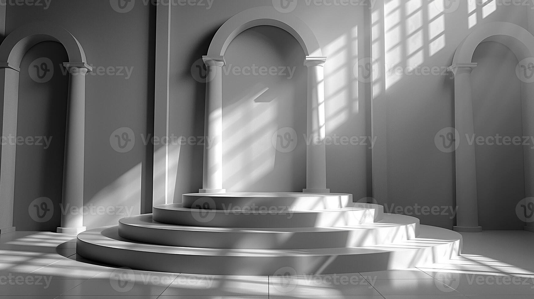 An empty room with a staircase and pillars photo