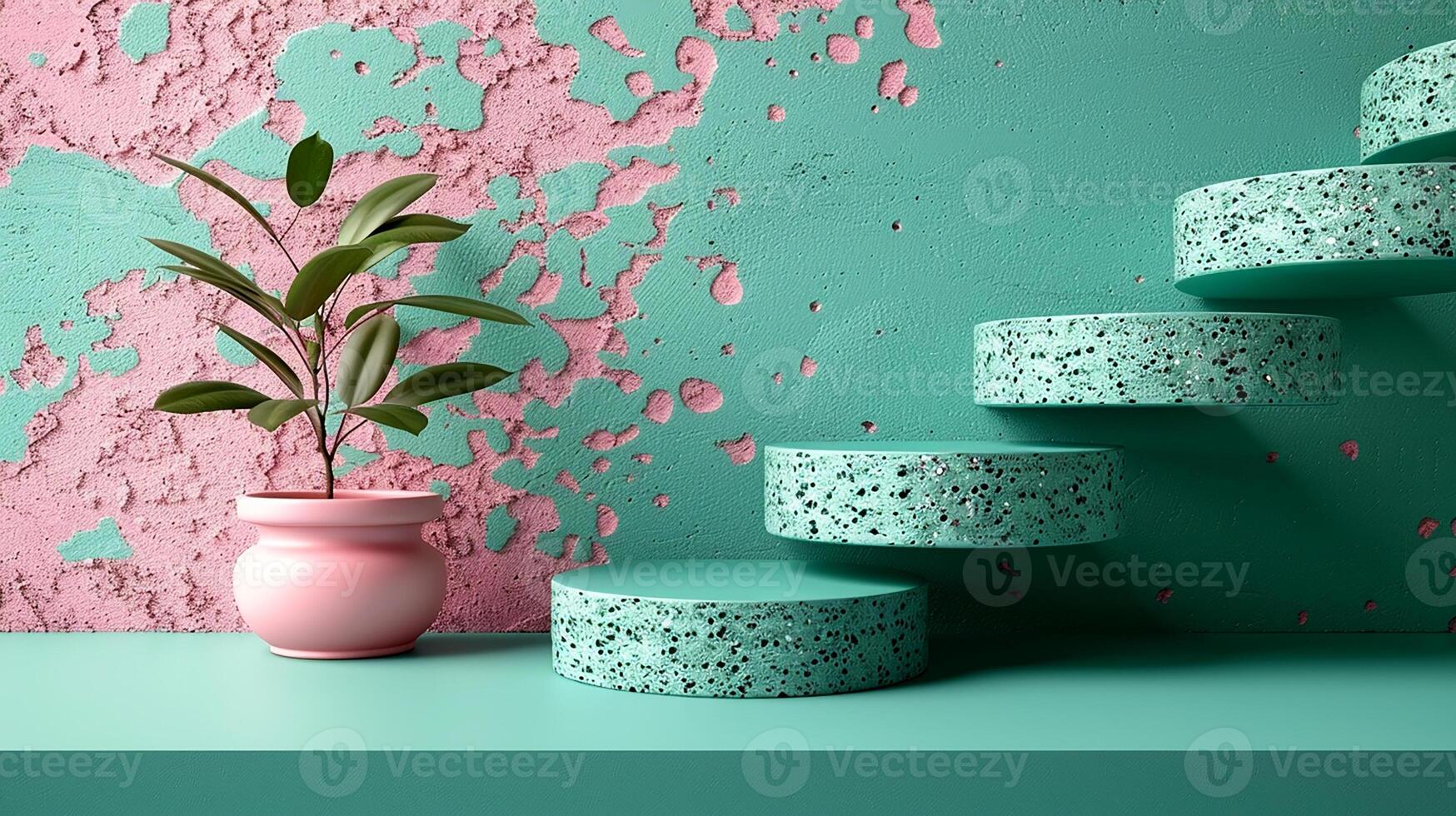 A green stairway with pink walls and a plant in a vase photo