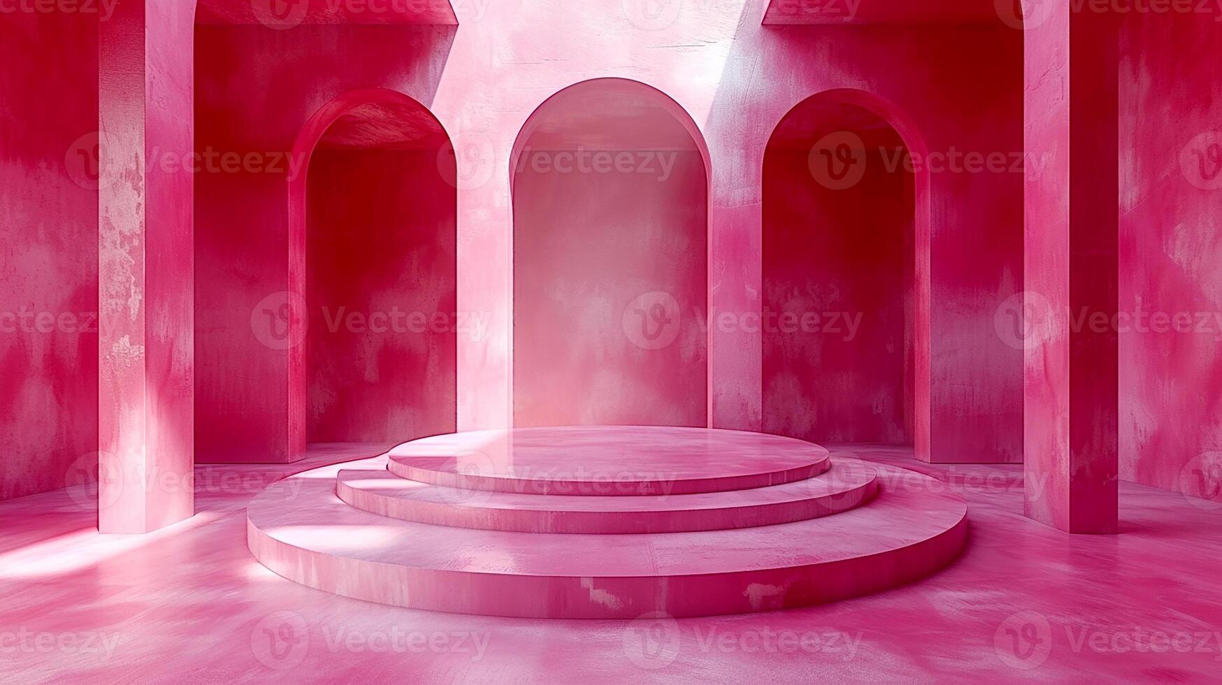 A pink room with arches and a stage photo
