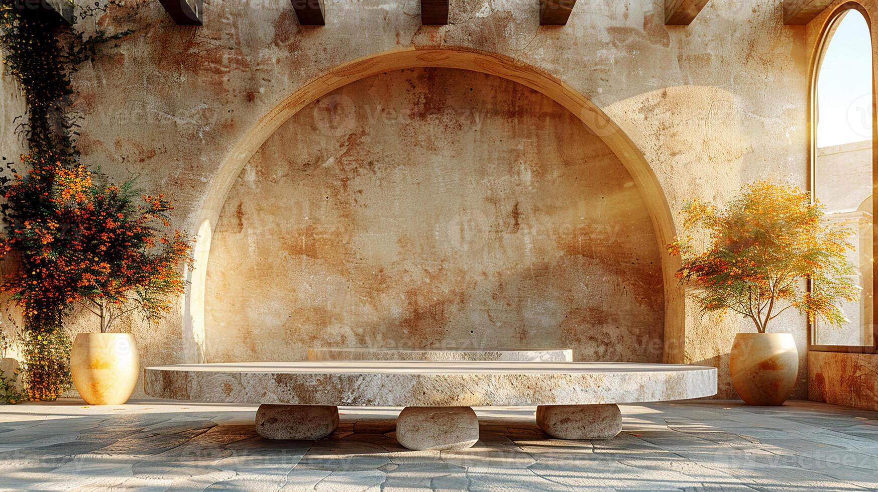 A large stone table in a room with a large window photo