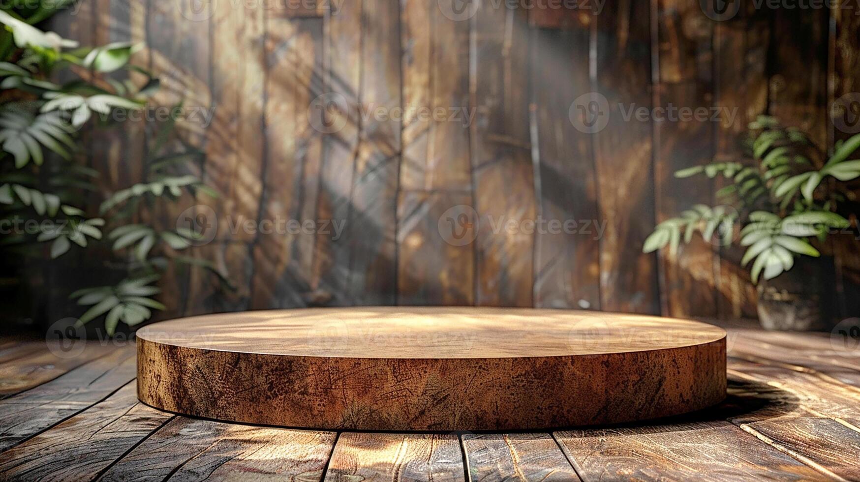 Round wooden table in front of a wooden wall photo