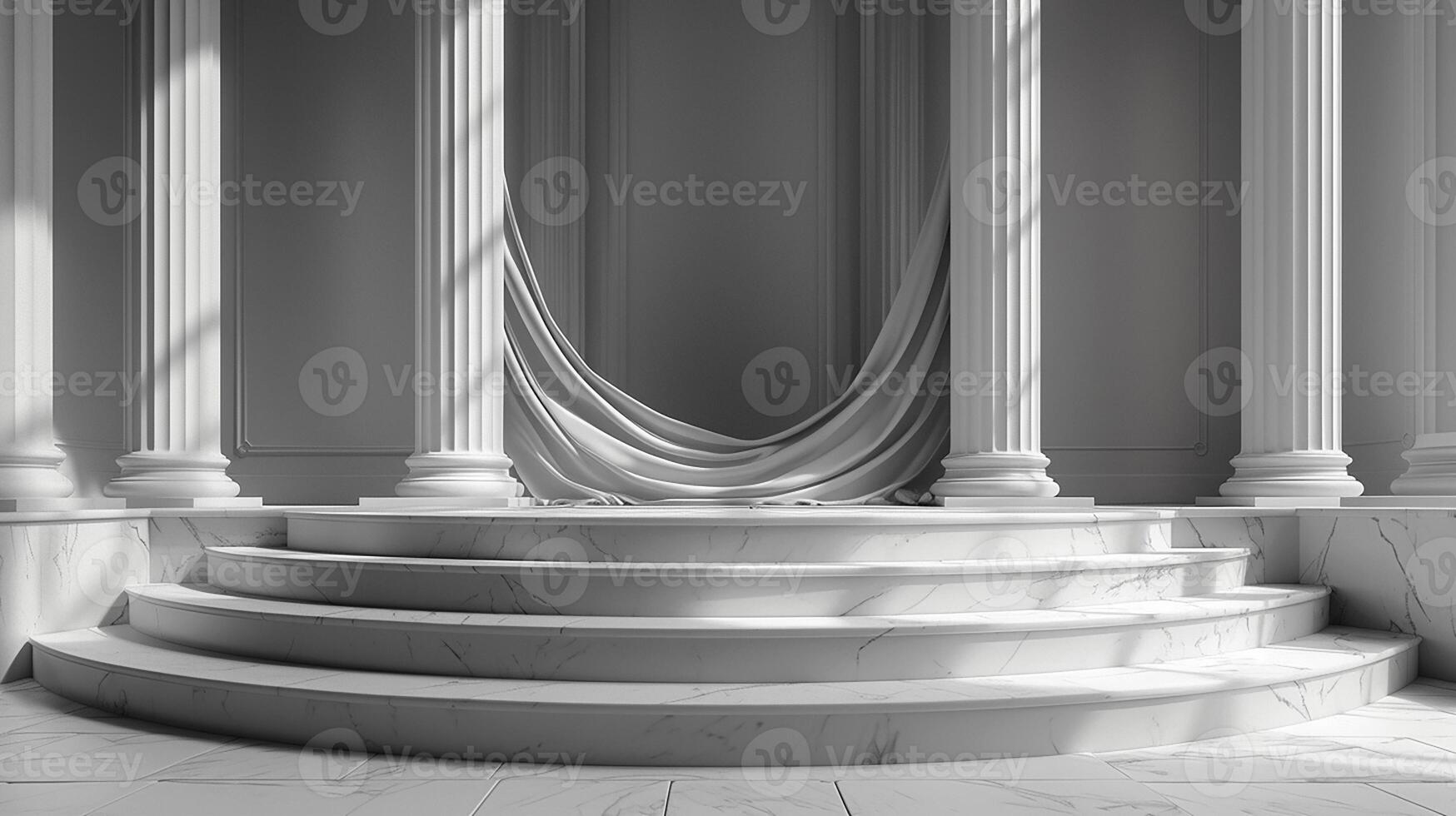 A white marble room with columns and a curtain photo