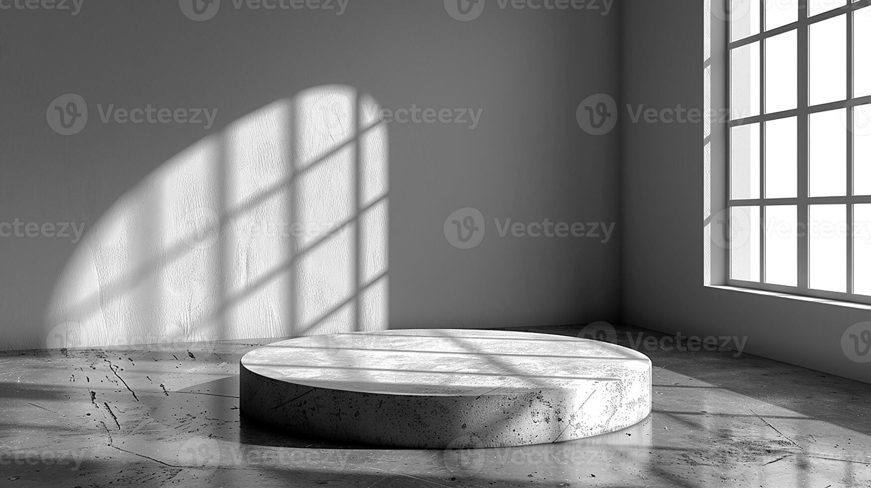 A black and white photo of a marble round table in a room