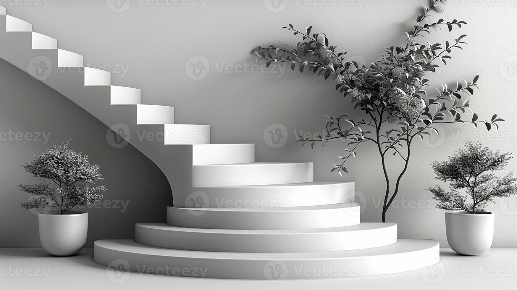 3d rendering of a staircase with plants in potted planters photo