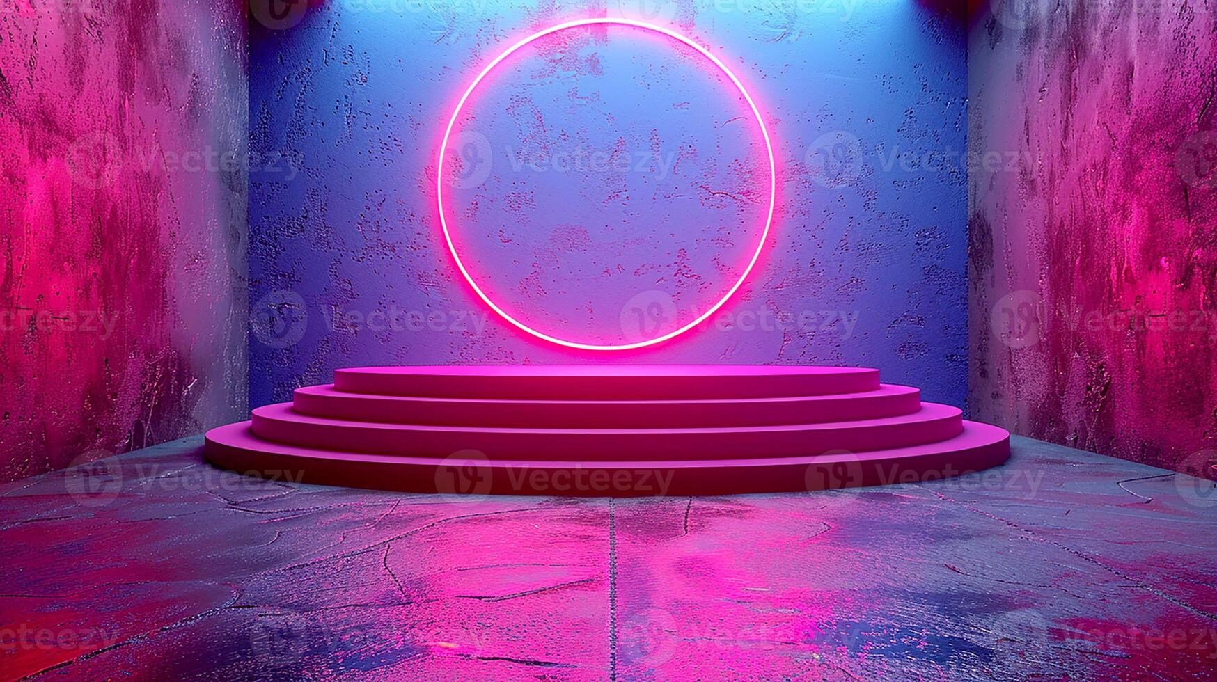 A neon circle in a room with steps photo