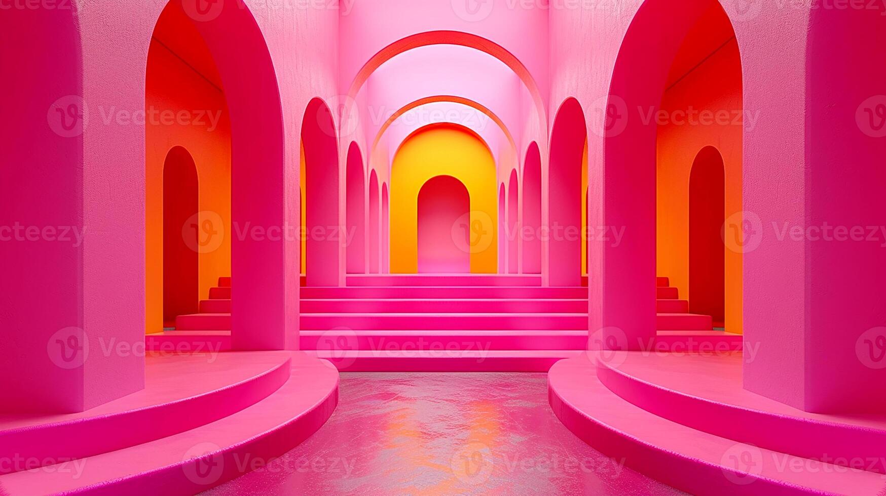 A pink and orange room with arches and stairs photo