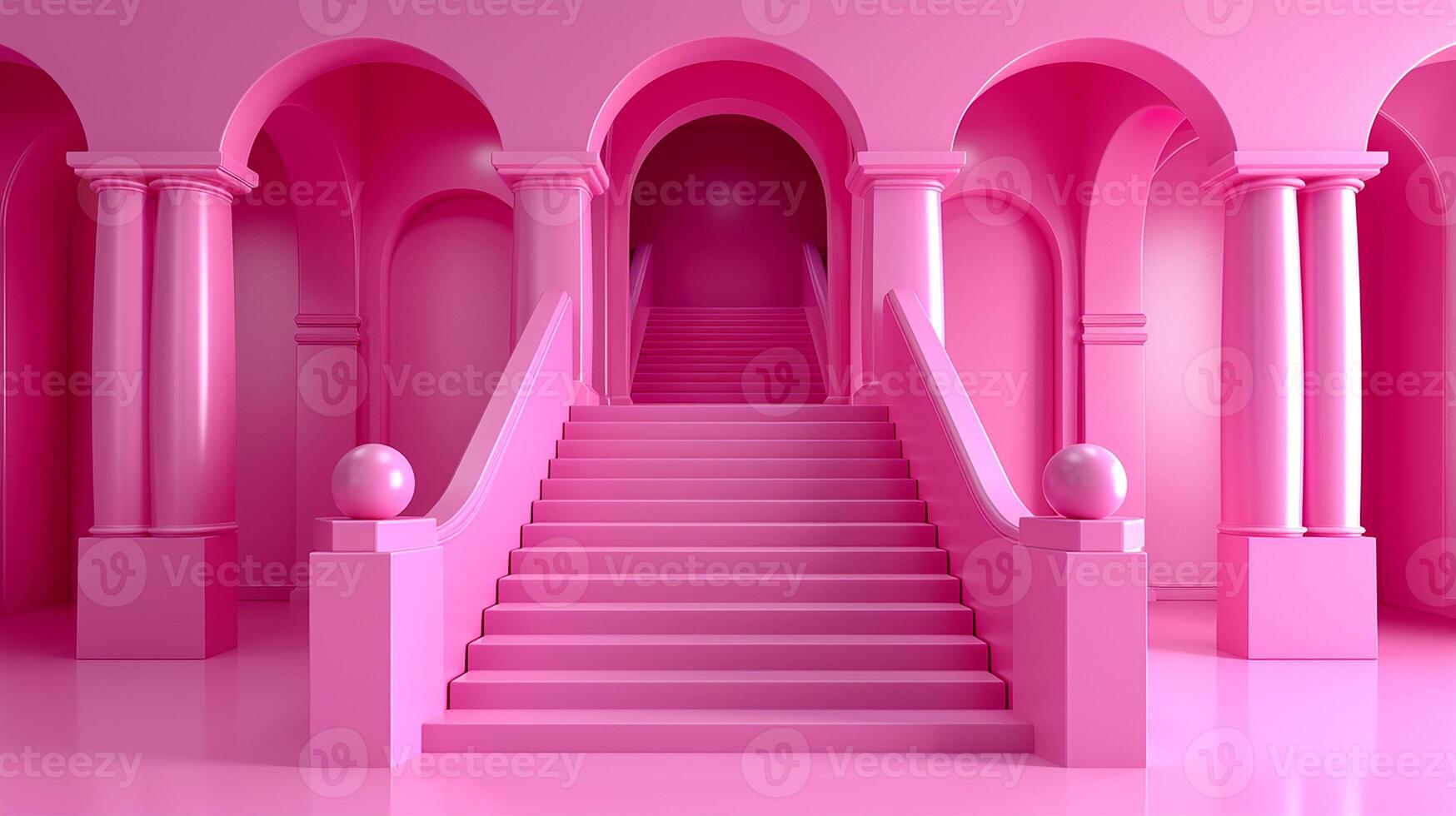 A pink stairway leads up to a pink room photo