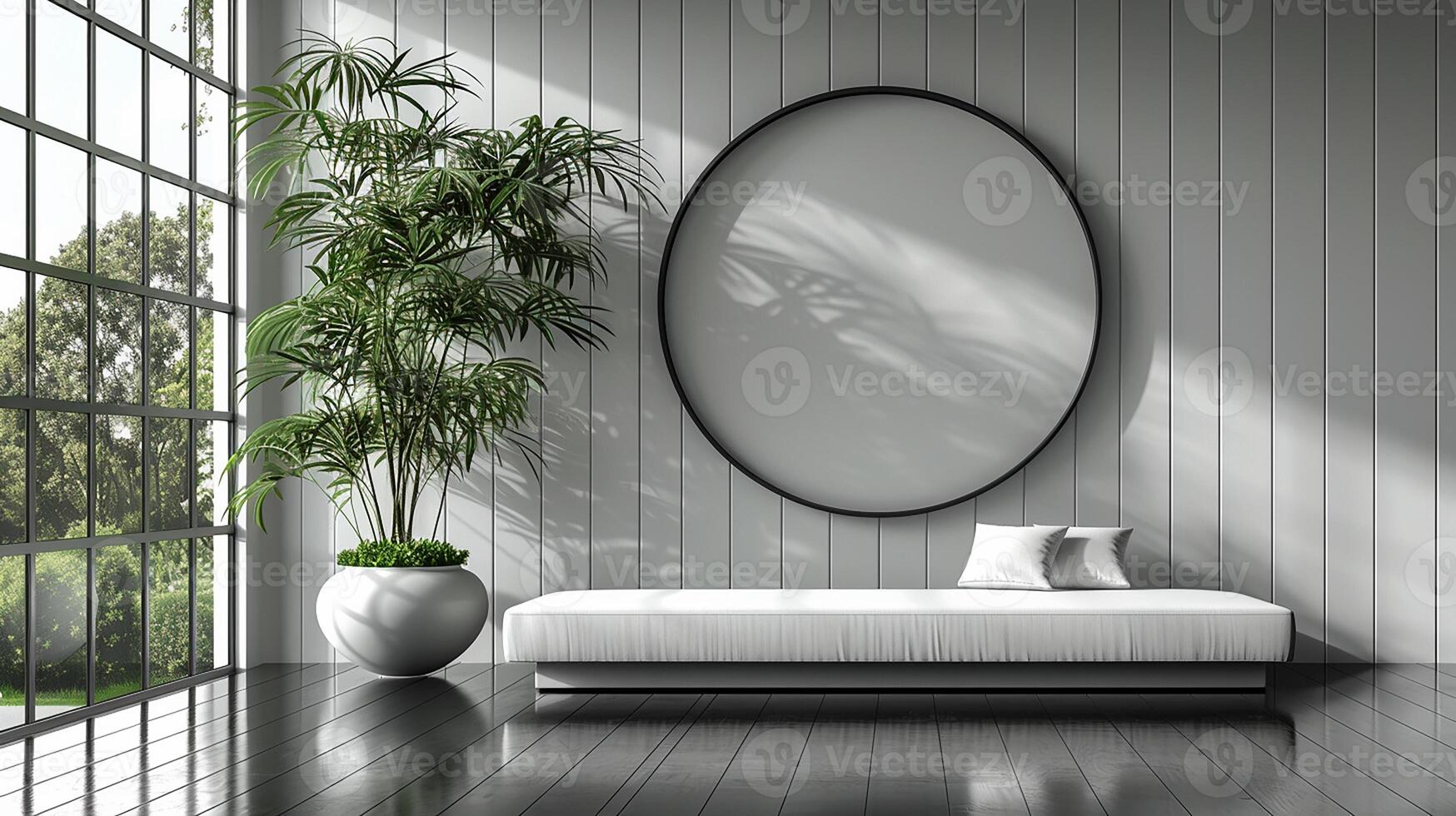 A white room with a large round mirror and a plant photo