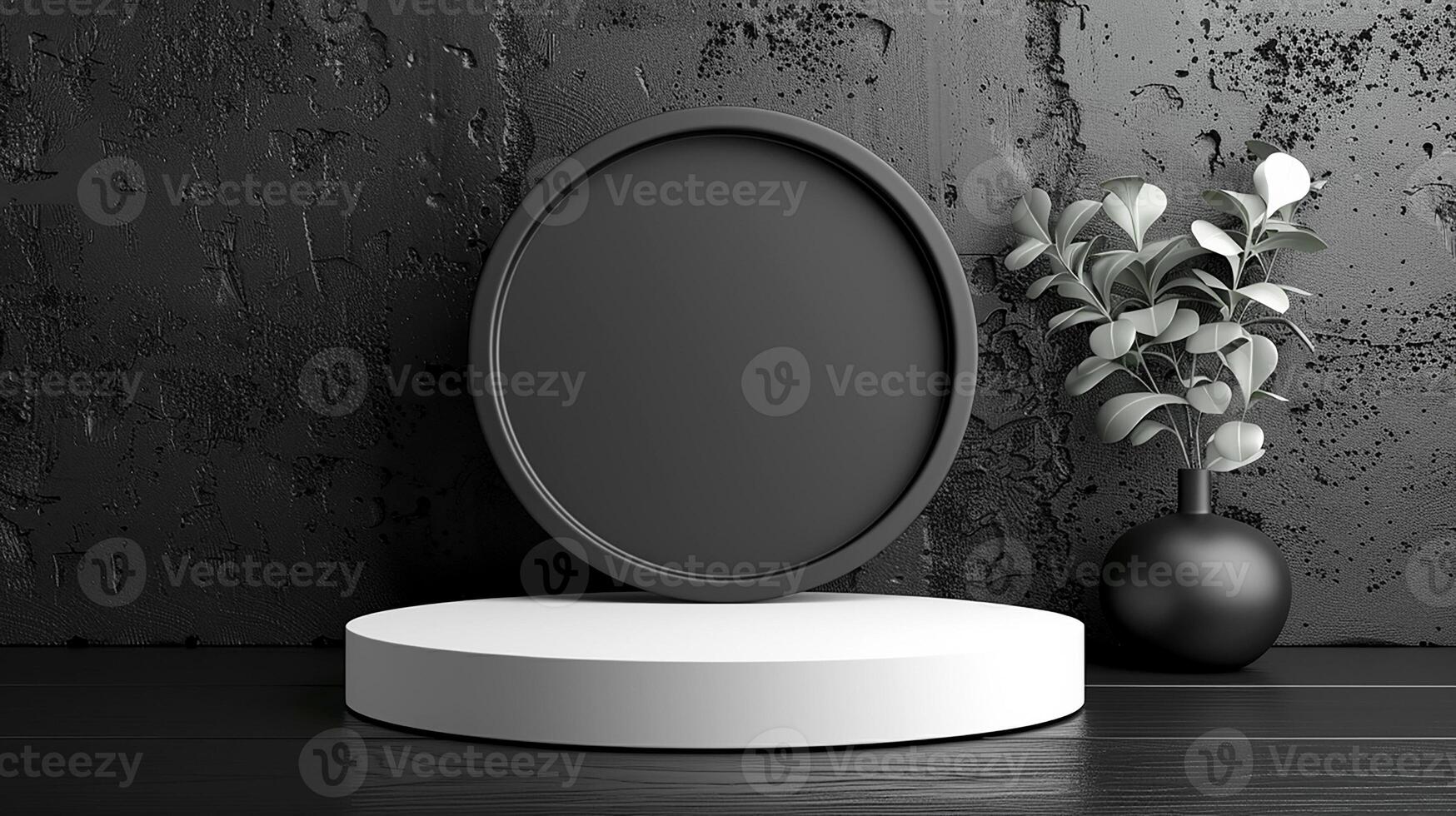 Empty black oval frame on wooden table with vase of flowers photo