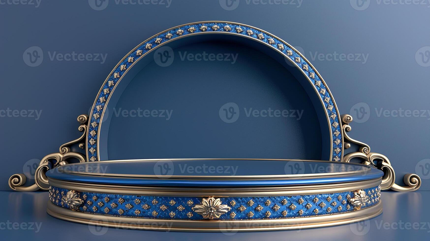 A blue and gold ornate archway with a mirror photo