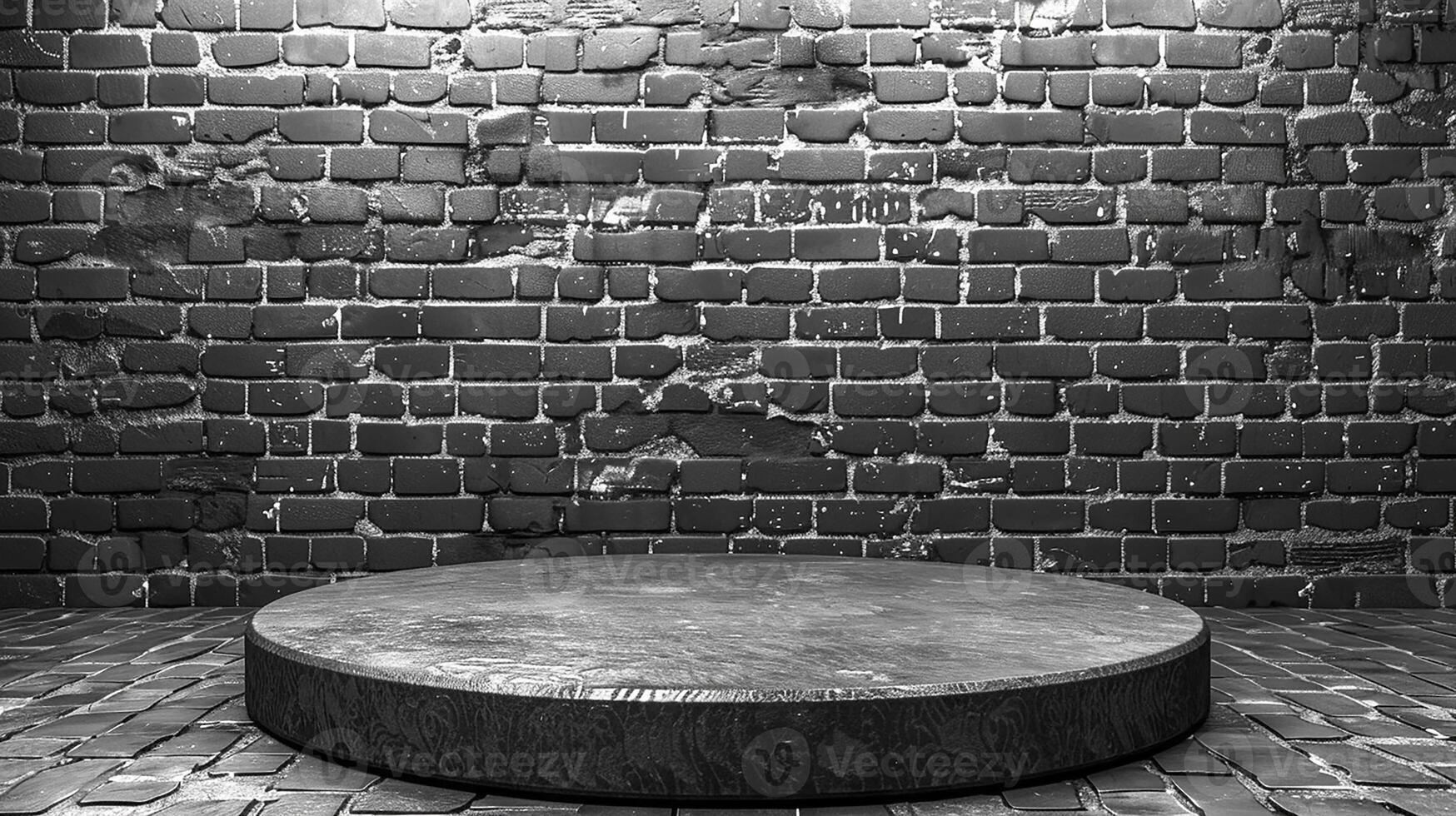 Black and white photo of a round table in front of a brick wall