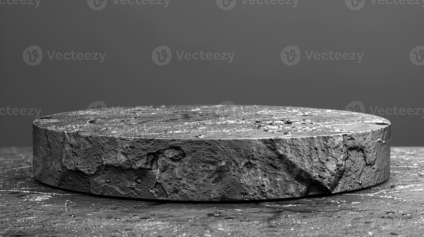 A black and white photo of a round stone