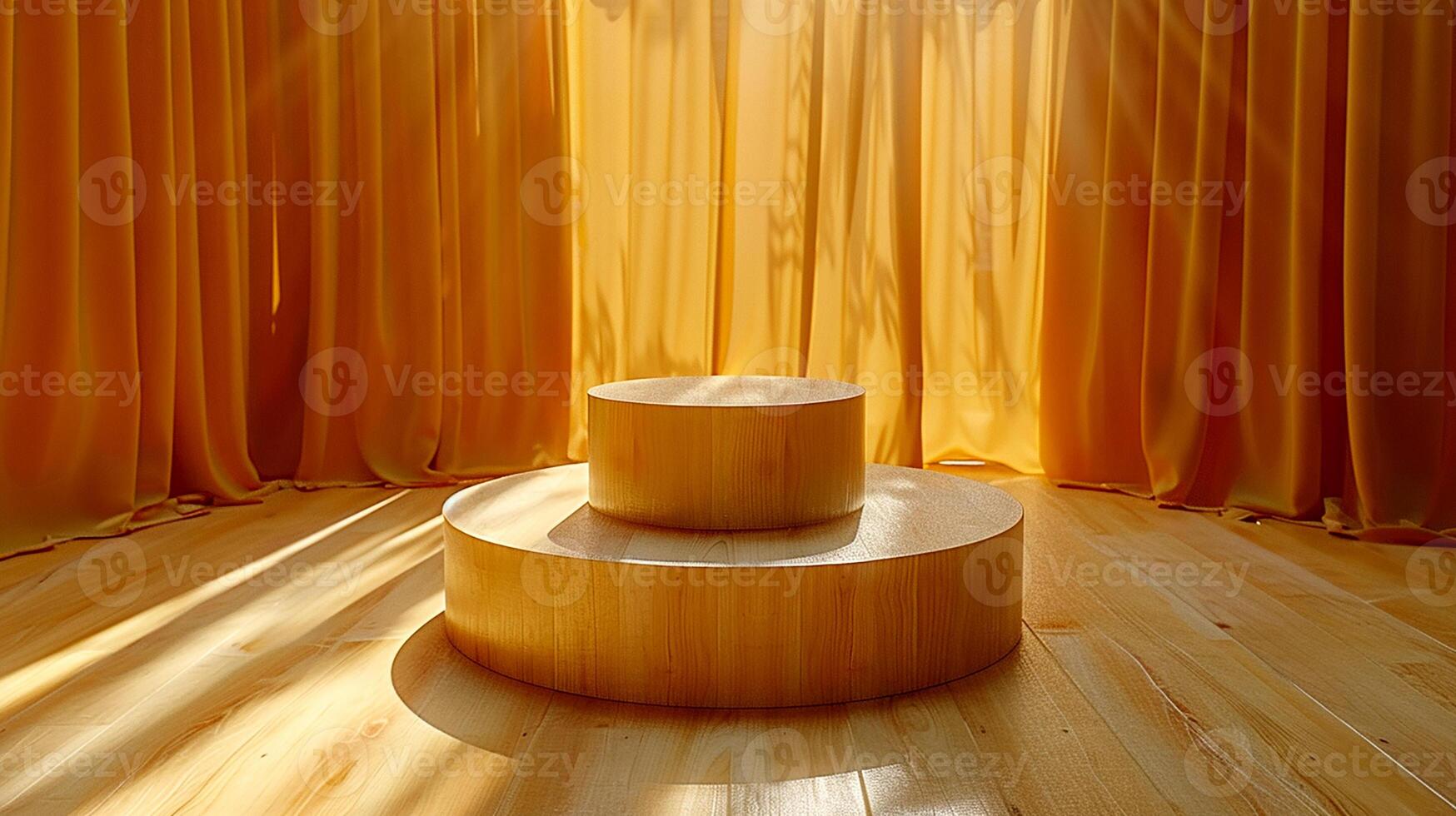 A wooden table in front of a curtain photo