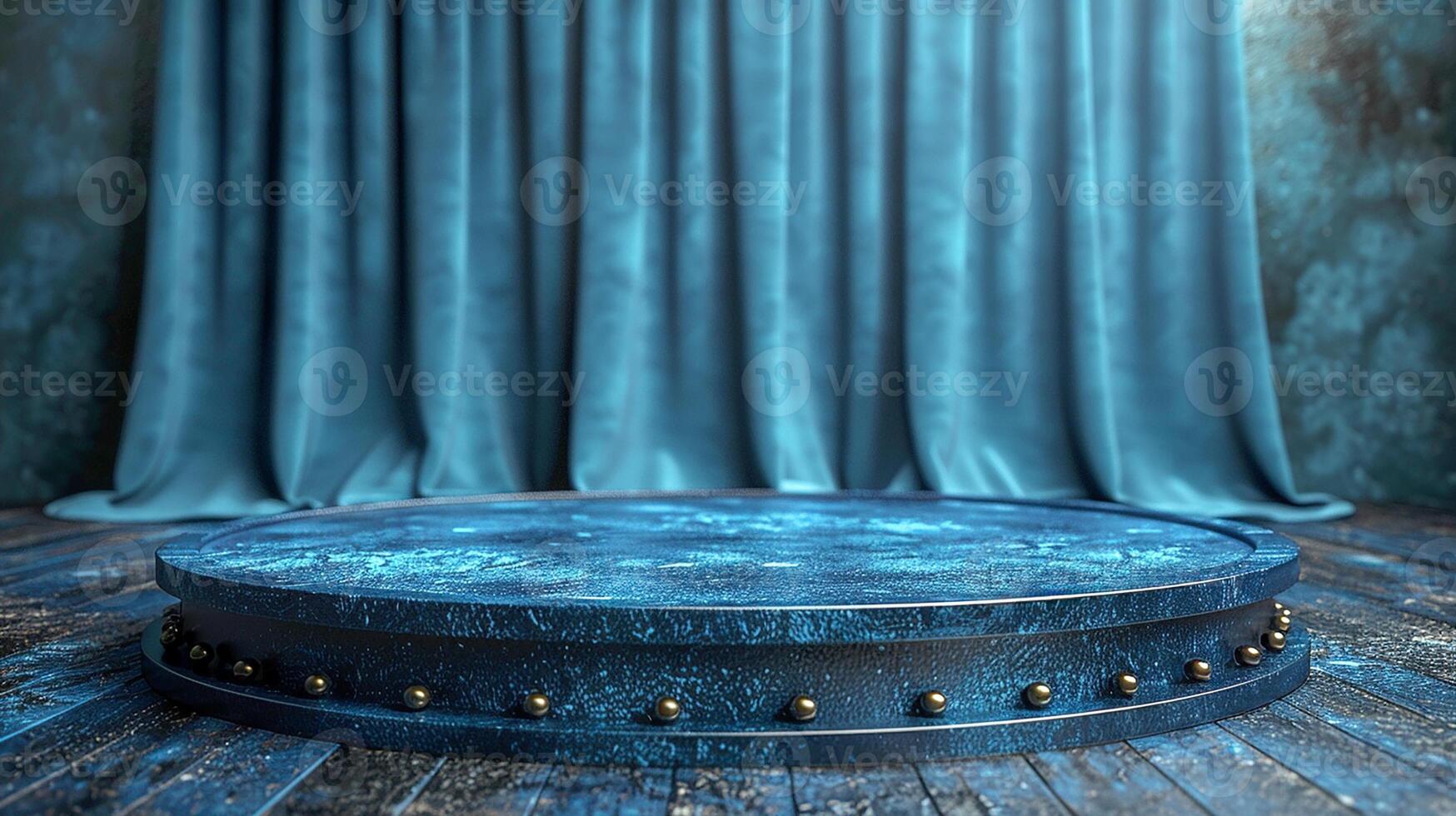 A blue stage with a curtain and a wooden floor photo